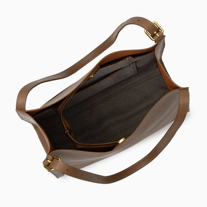 Luxurious leather tote bag in a rich brown color, featuring sturdy handles and spacious interior, top view — 7 — view 7