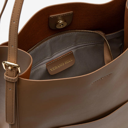 Luxurious leather tote bag in rich brown, featuring spacious interior and sturdy handles, front view — 8 — view 8