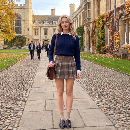 Close up of the preppy pleated woolen uniform skirt showing classic plaid pattern, high quality stitching, and soft — view 3
