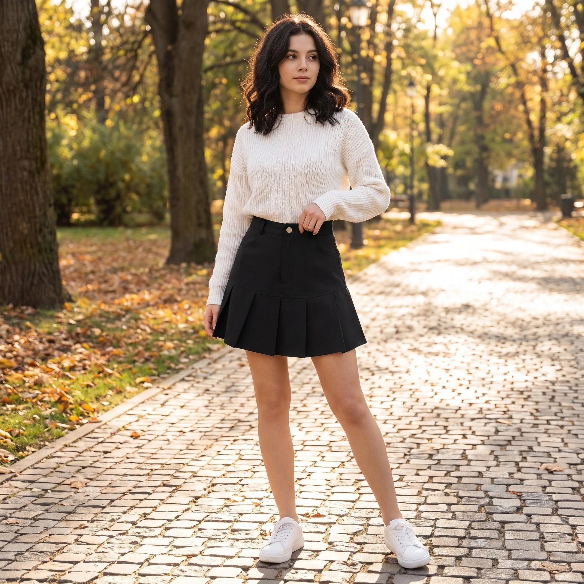 uniform skirt — A model showcases casual slim polyester mini skirt in navy blue, styled with fitted white top against neutral