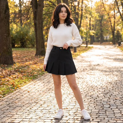 uniform skirt — A model showcases casual slim polyester mini skirt in navy blue, styled with fitted white top against neutral