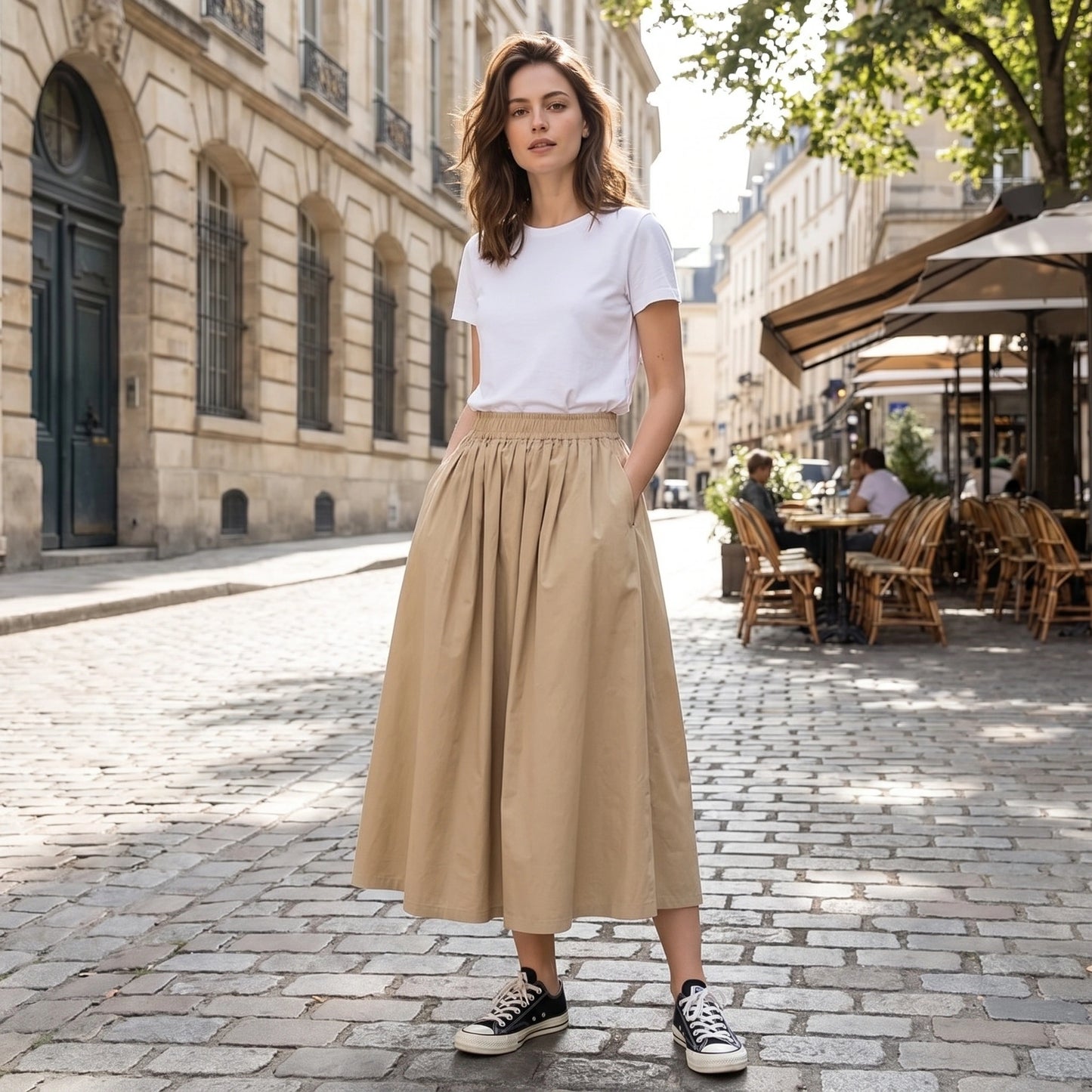 uniform skirt — Back view of a model wearing casual loose high waisted pleated midi skirt in soft pastel color — view 2