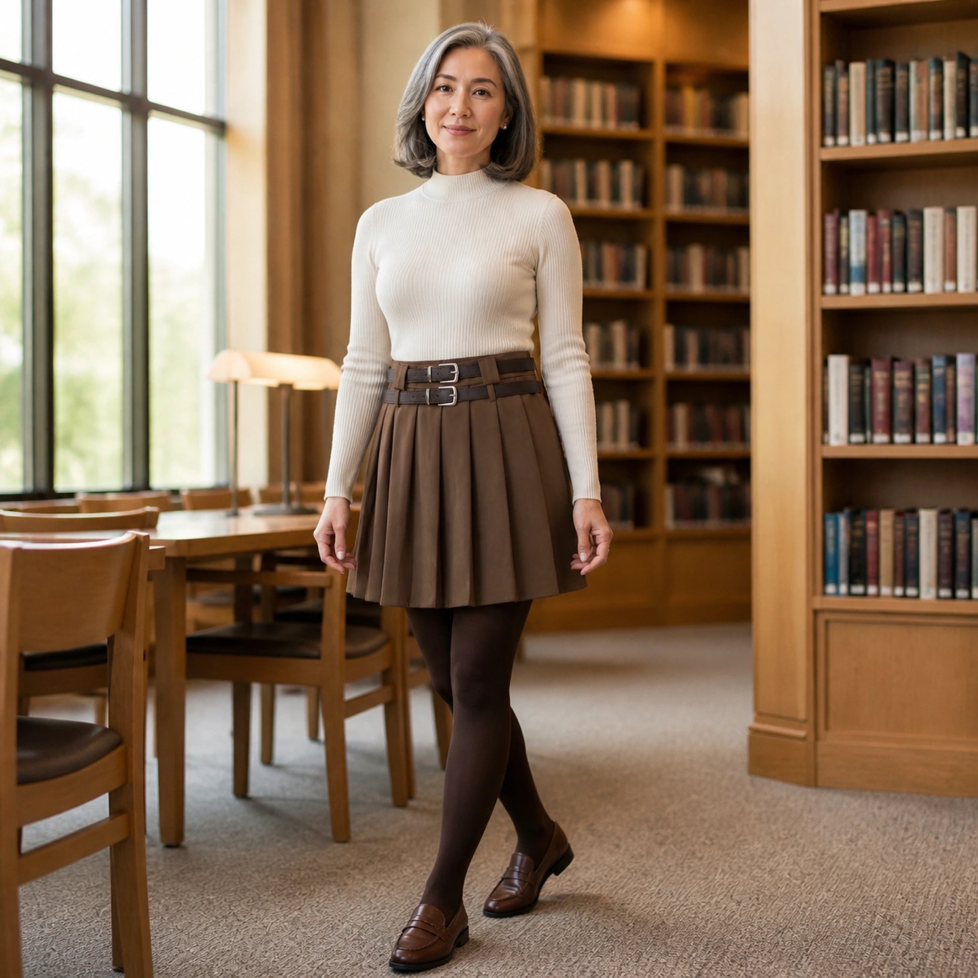 uniform skirt — Mature woman wearing the coffee brown pleated A line skirt, complete waistband, double straps — view 3