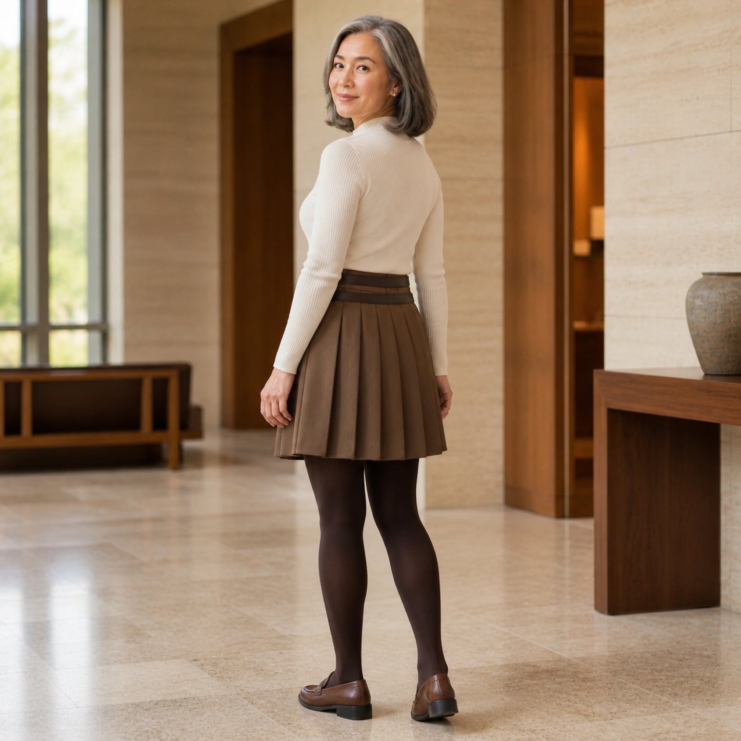 uniform skirt — Rear three quarter view of a mature woman wearing the coffee brown pleated line skirt, showing back — view 5