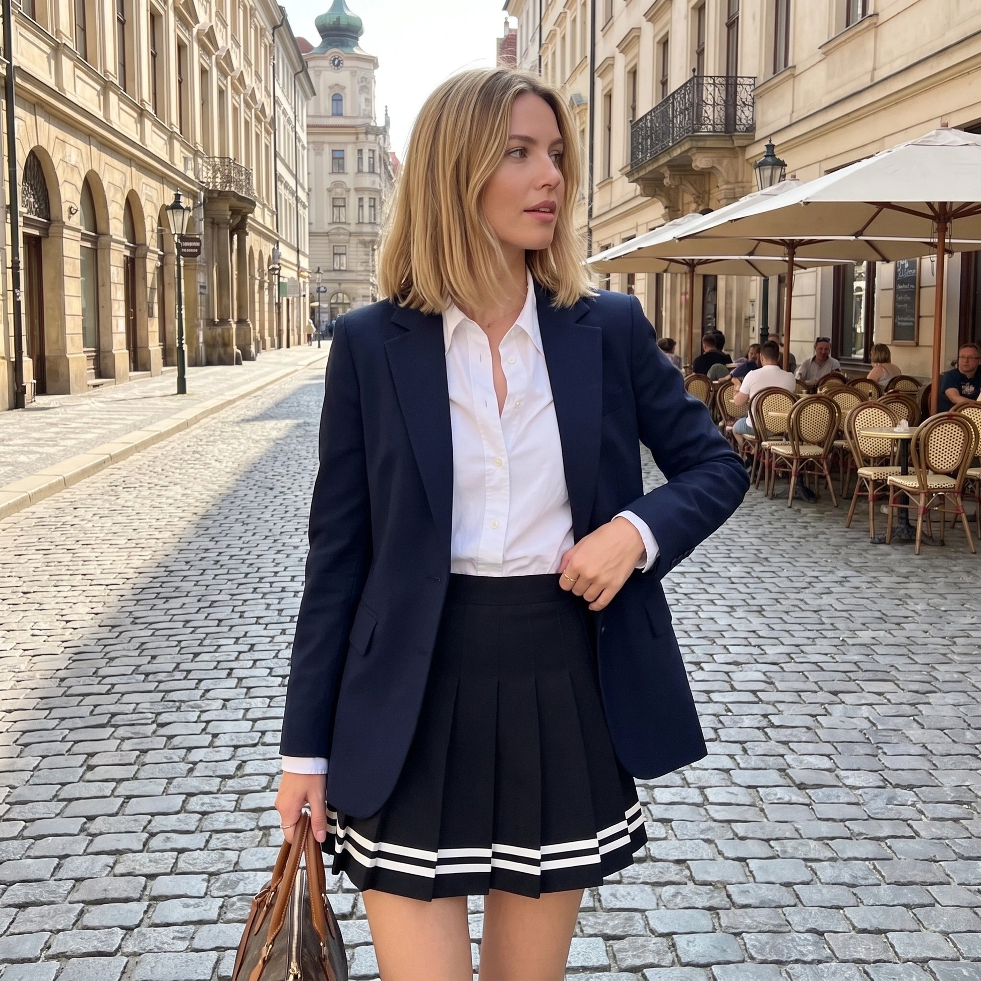 Close up view of the High Rise Uniform Skirt showing smooth polyester fabric and precise stitching details in a — view 3