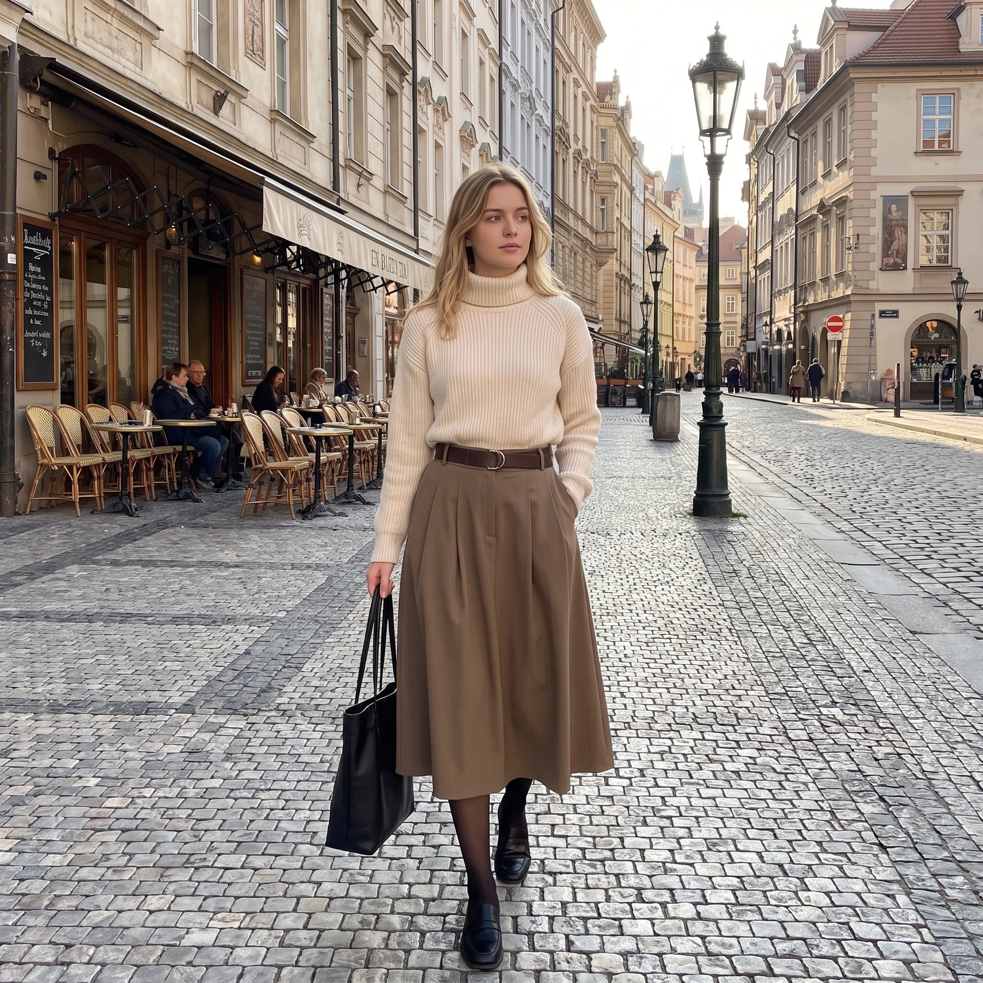 uniform skirt — Back view of a high waisted line polyester skirt on model, showing the skirt's construction details — view 2