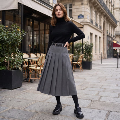 uniform skirt — A model showcases high waisted, loose fit cotton blend long skirt in soft pastel hue, styled with