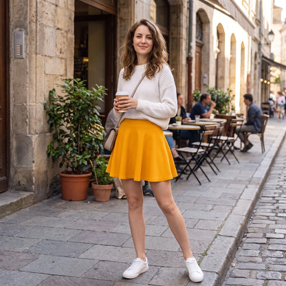 A model showcases casual pleated uniform skirt in navy, styled with white blouse, set against neutral background.