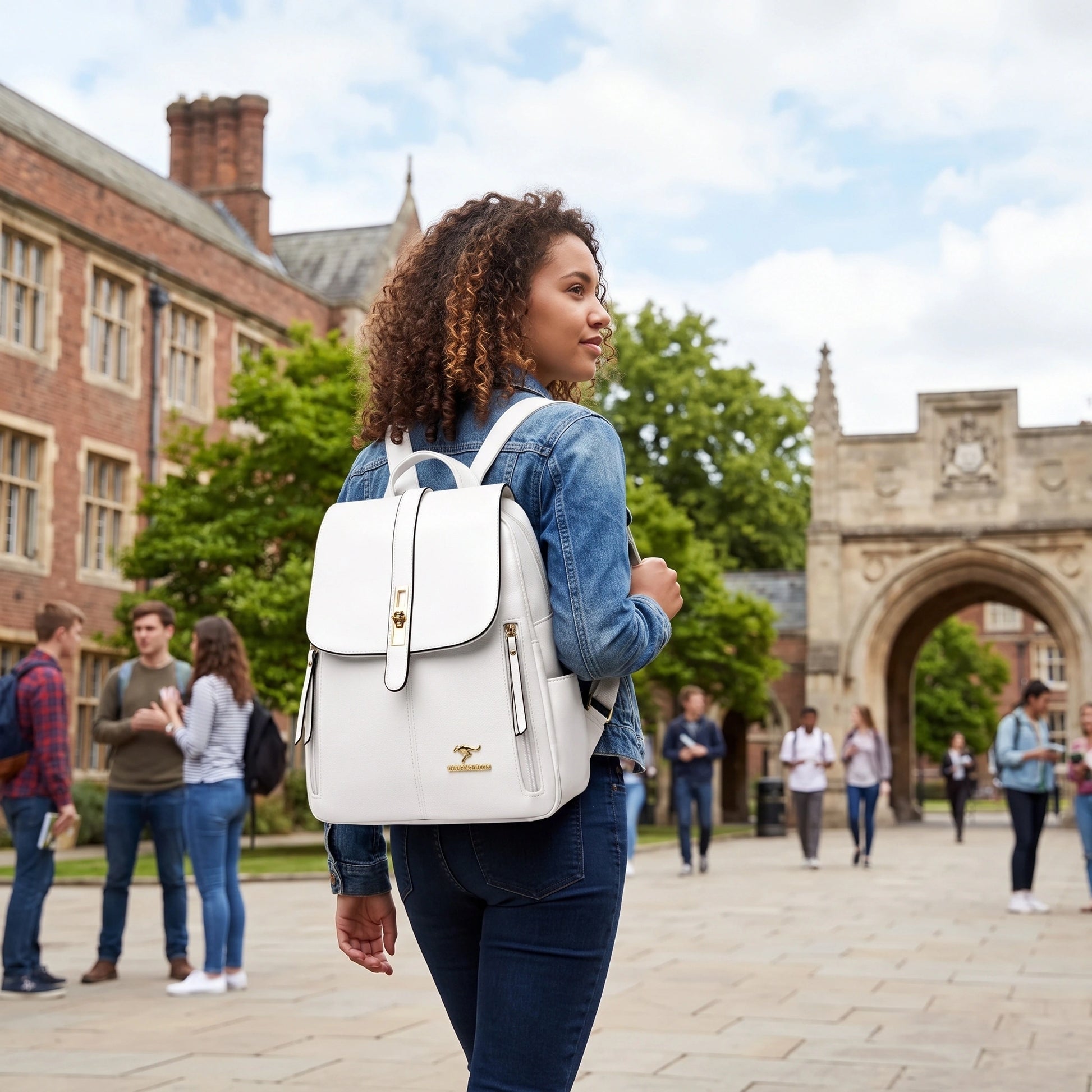 Back view of a spacious leather university backpack showing its high quality microfiber synthetic construction, with — view 2