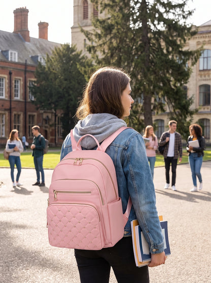 A model showcases durable multipurpose university backpack in full front view, styled with casual outfit showing neutral