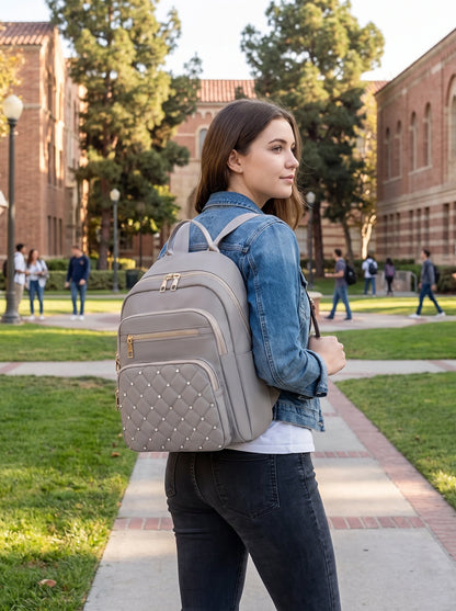 Back view of a durable multipurpose university backpack showing its construction details, soft double shoulder — view 2