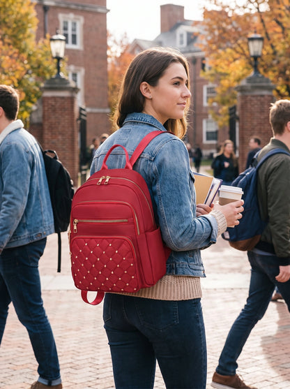 Close up view of the durable fabric and precise stitching multipurpose university backpack, showing its quality — view 3