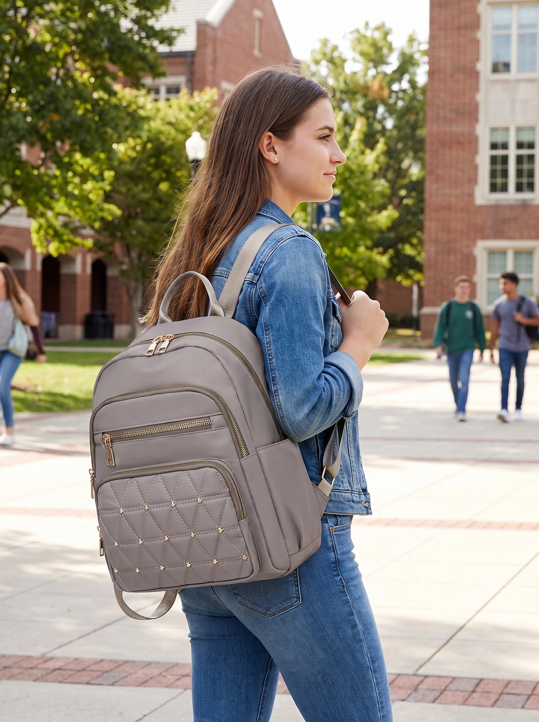 Close up of the durable fabric and precise stitching on multipurpose university backpack, showing its quality — view 5