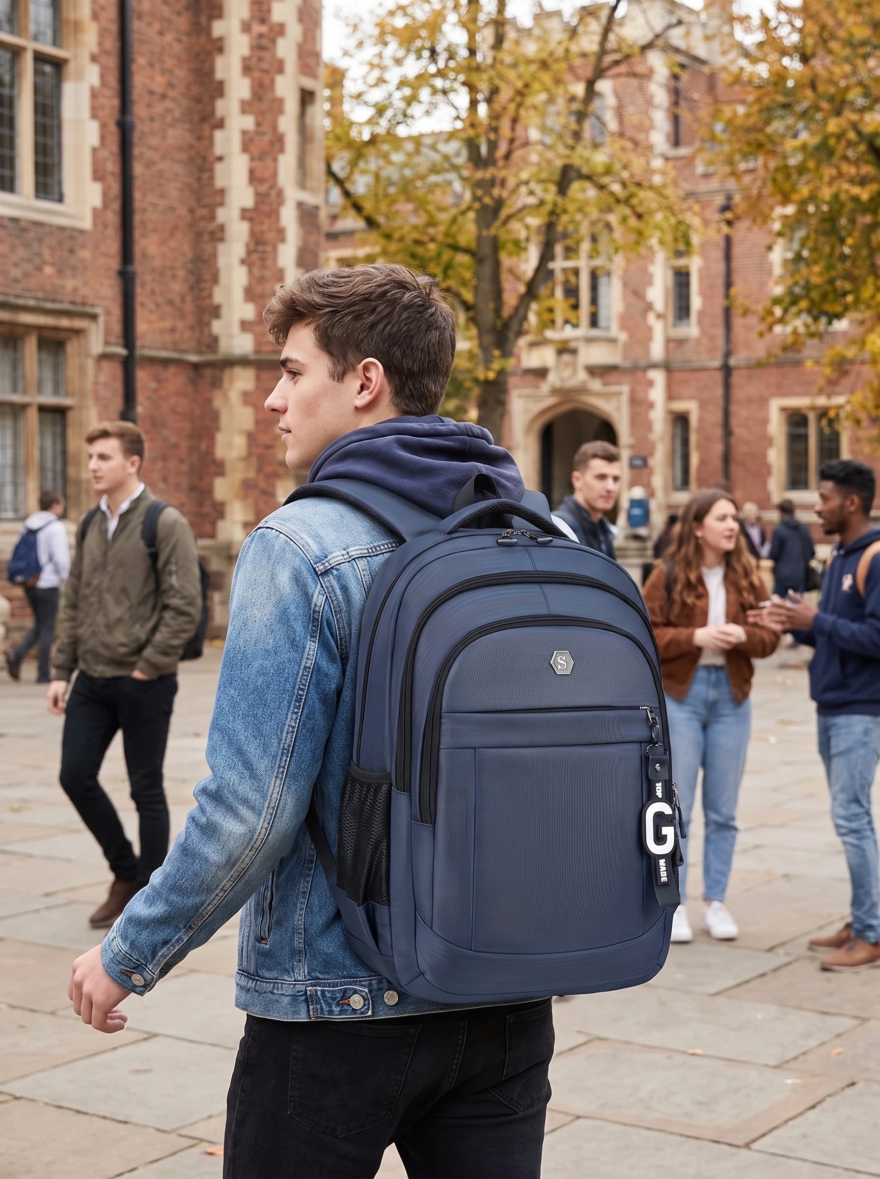Back view of the wear resistant multi zip university backpack, showing its durable Oxford fabric and well structured — view 2