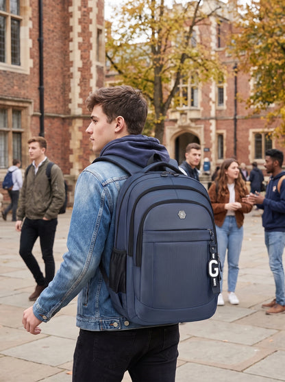 Back view of the wear resistant multi zip university backpack, showing its durable Oxford fabric and well structured — view 2