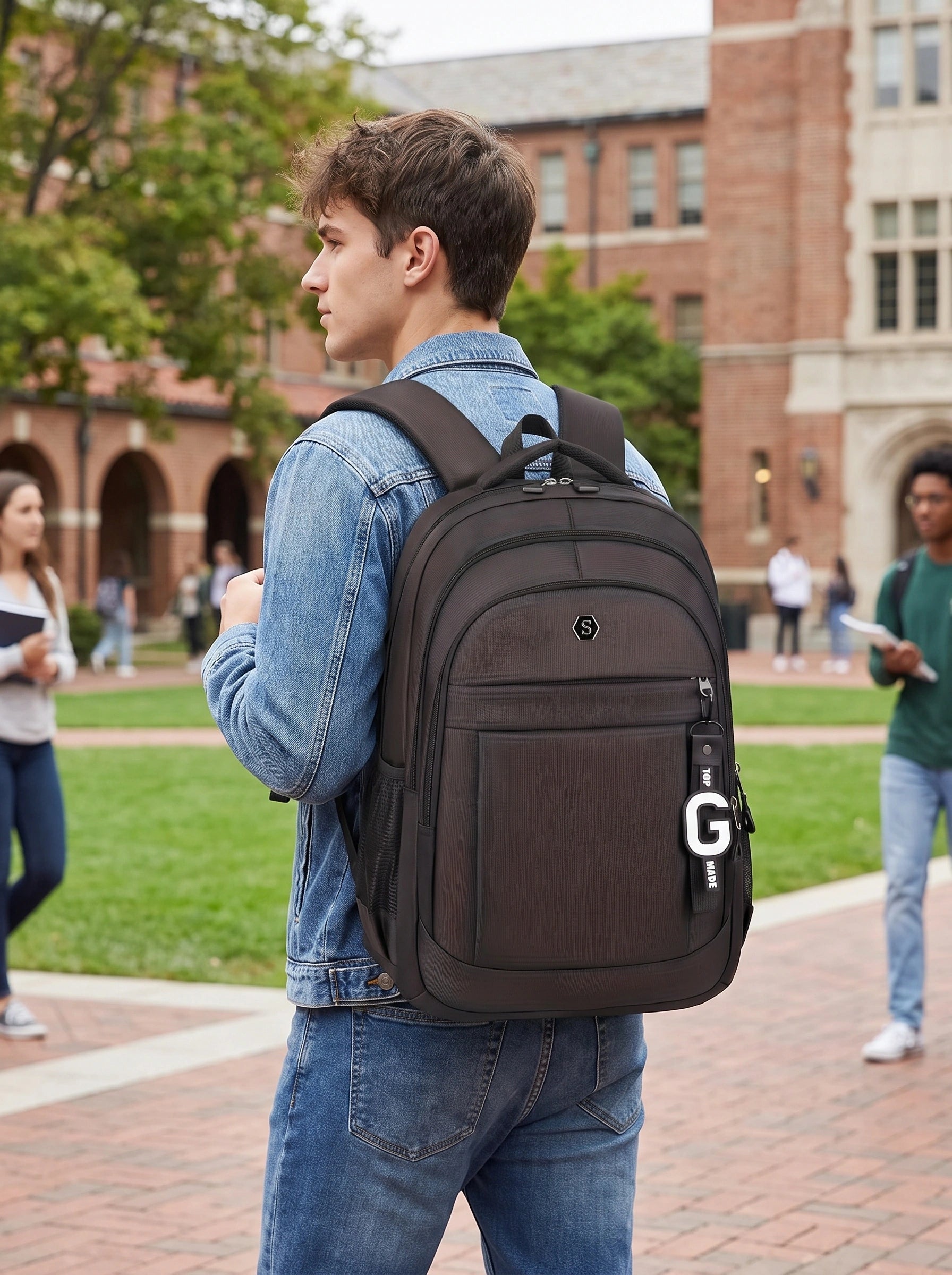 university backpack — Close up of the wear resistant Oxford fabric showing detailed stitching and zippers, durable — view 3