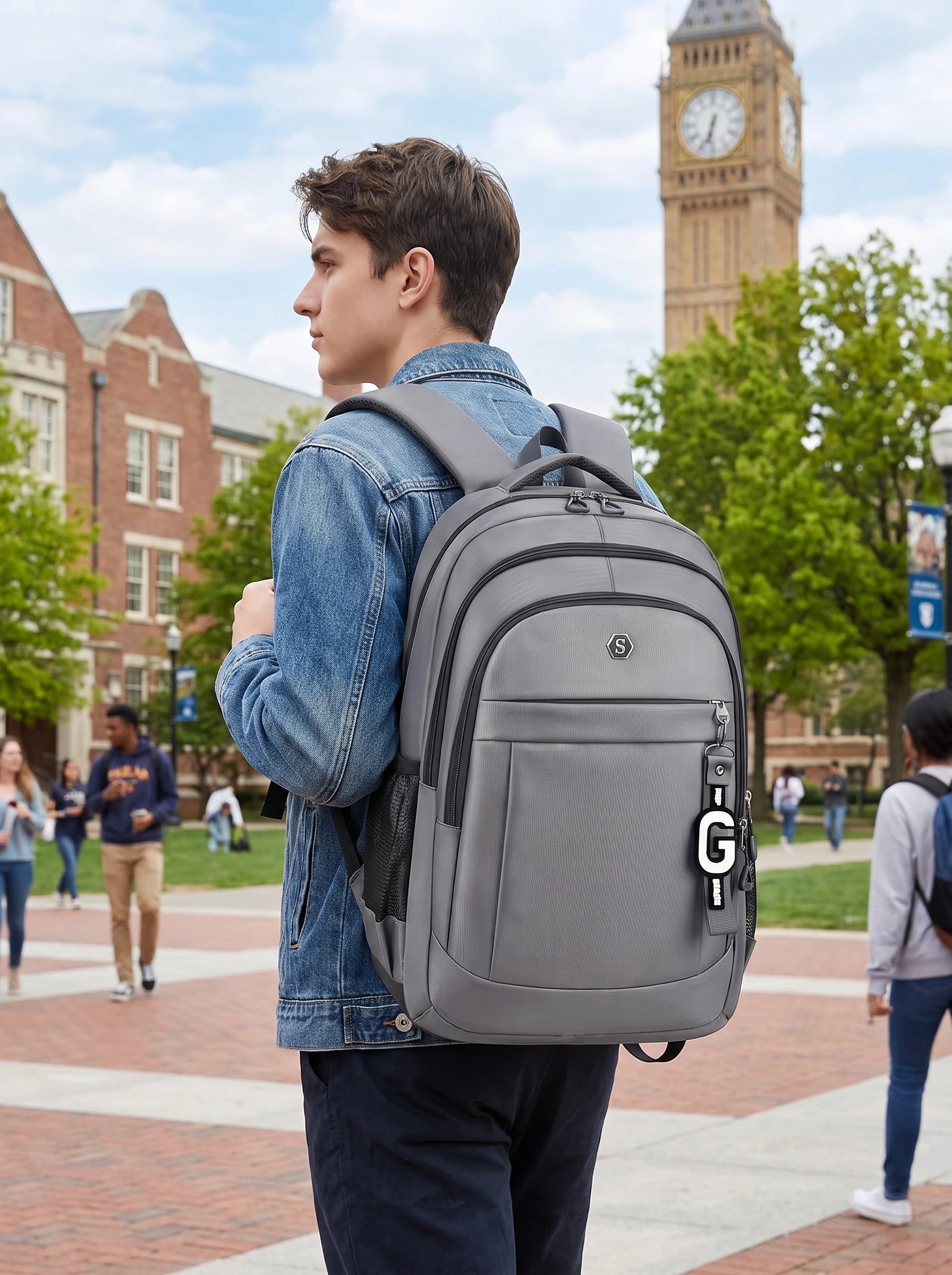 Close up view of the wear resistant Oxford fabric and precise stitching details on Multi Zip University Backpack — view 4