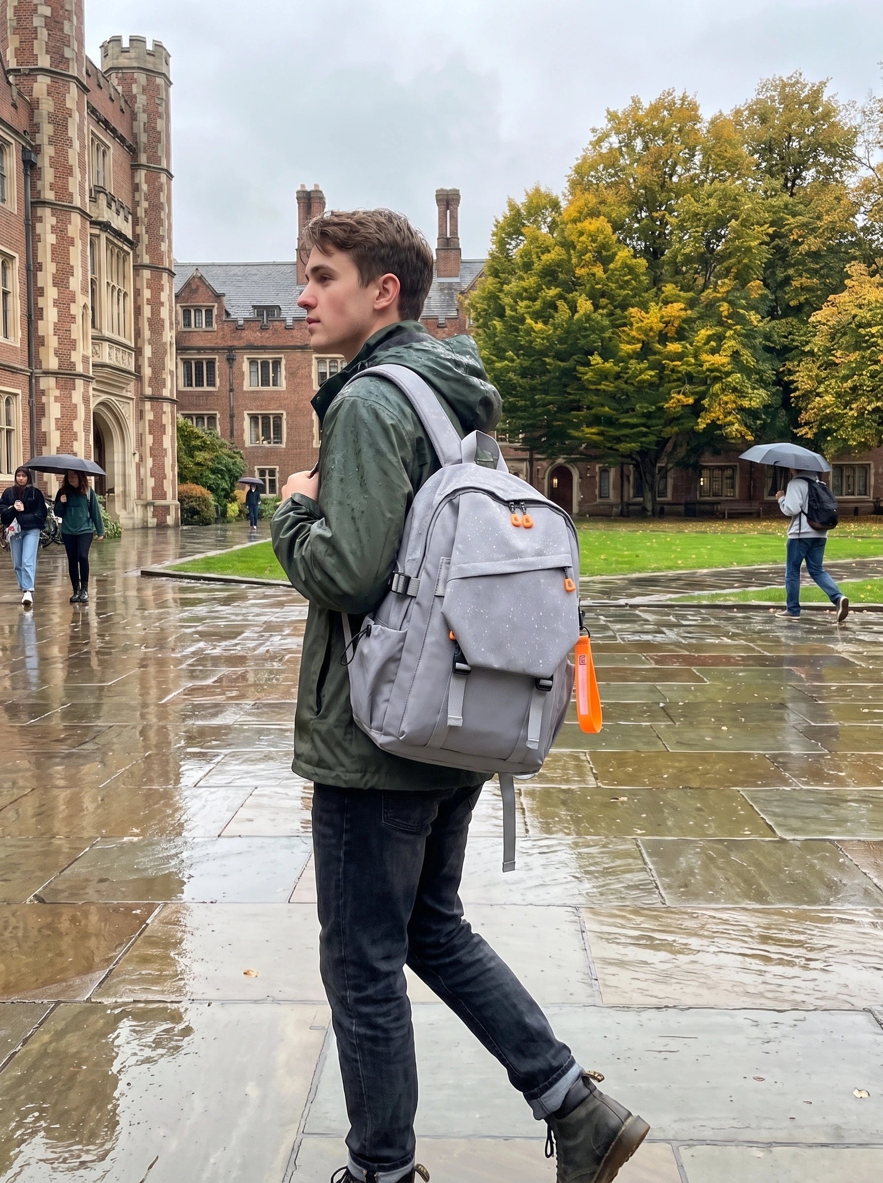 Back view of a waterproof durable university backpack showing its sturdy nylon construction, adjustable padded — view 2