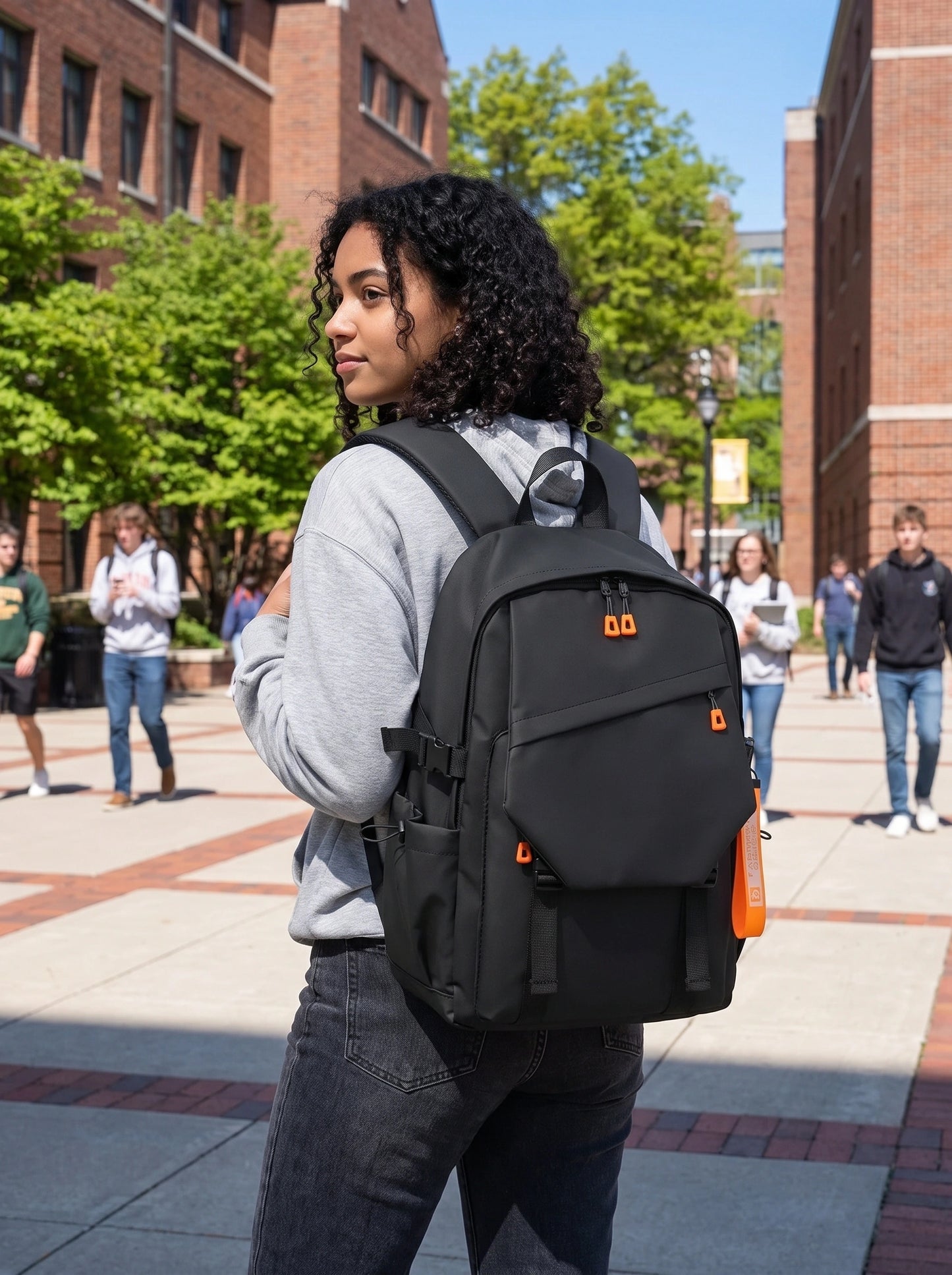 Close up of the waterproof nylon fabric and reinforced stitching durable university backpack, showing its quality — view 3