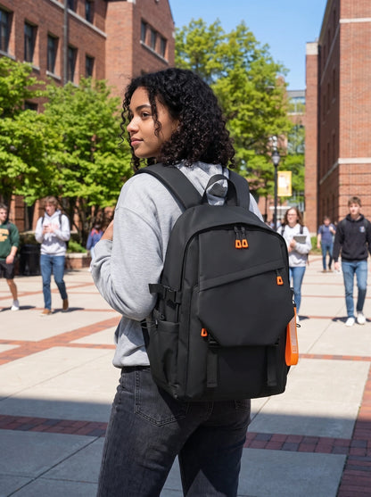 Close up of the waterproof nylon fabric and reinforced stitching durable university backpack, showing its quality — view 3