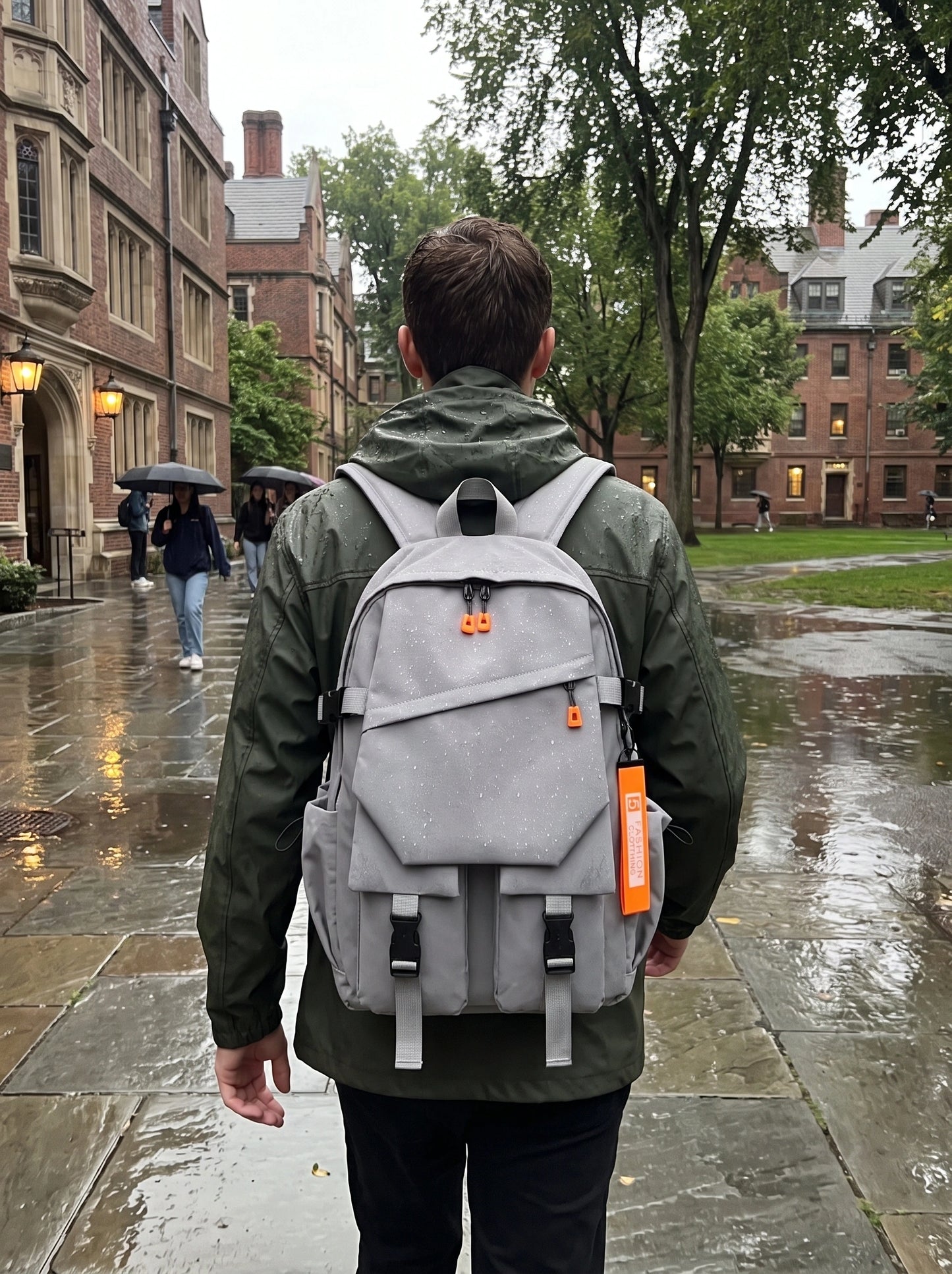 Close up view showing the durable nylon fabric and precise stitching of waterproof university backpack, its quality — view 4