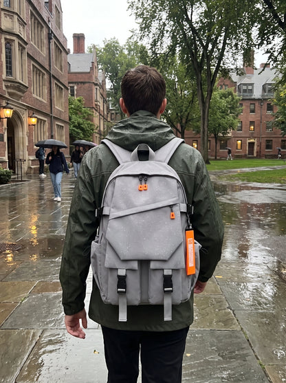 Close up view showing the durable nylon fabric and precise stitching of waterproof university backpack, its quality — view 4
