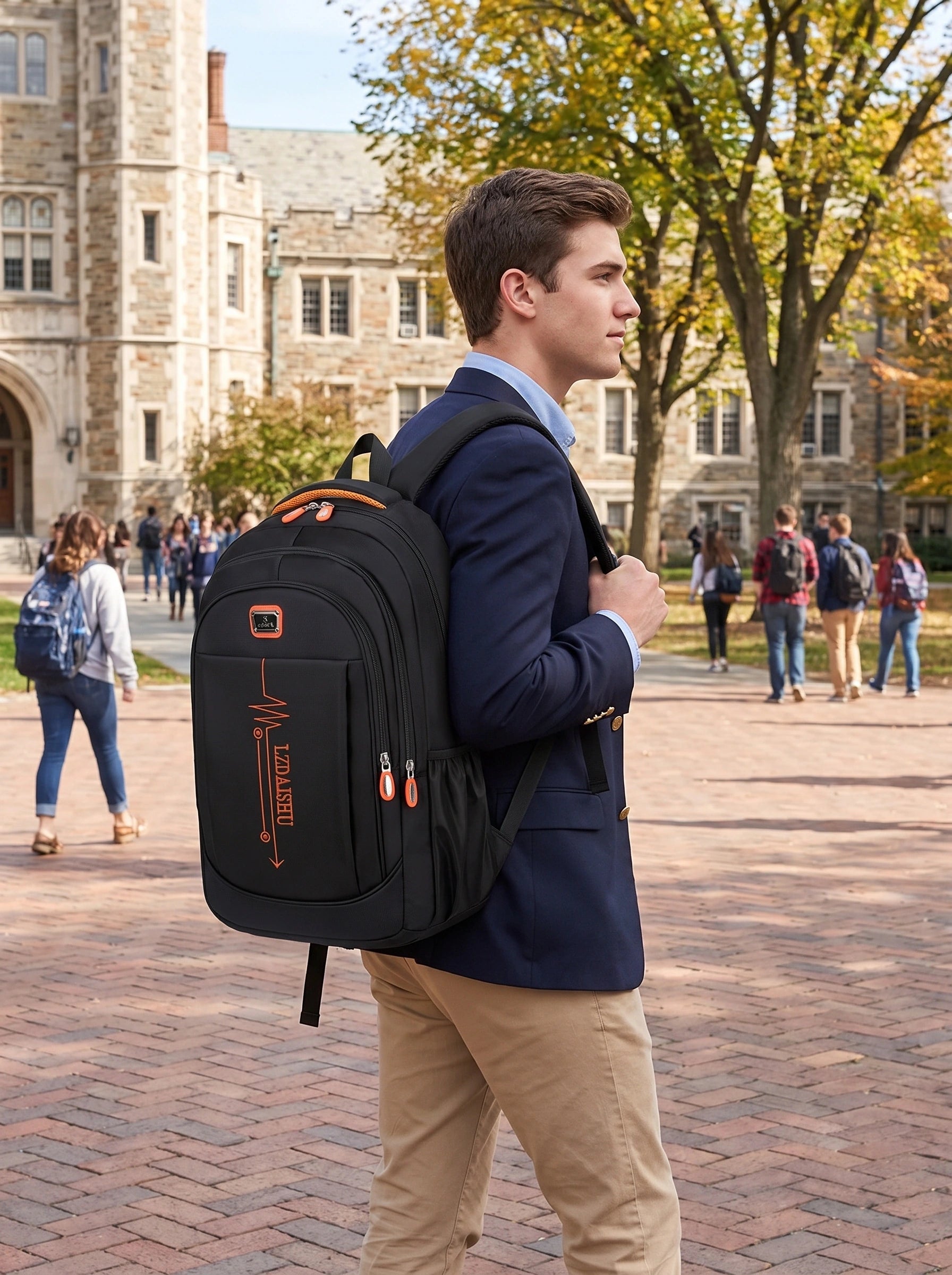 A model showcases business casual nylon university backpack, paired with sleek white blouse and tailored black trousers