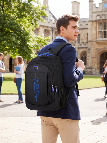 Close up of the durable nylon fabric and precise stitching business casual university backpack, showing its quality — view 3
