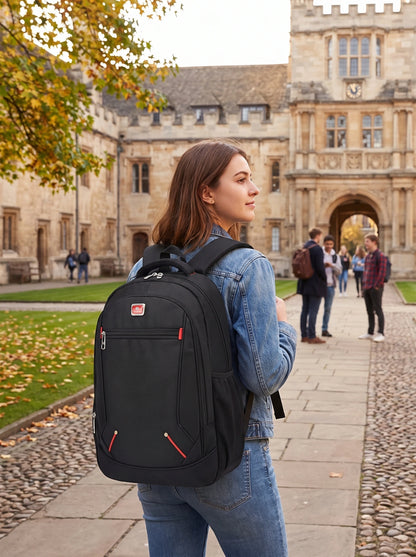 A model showcases the spacious Oxford University backpack in outfit showing dark jeans and light grey high waisted jacket
