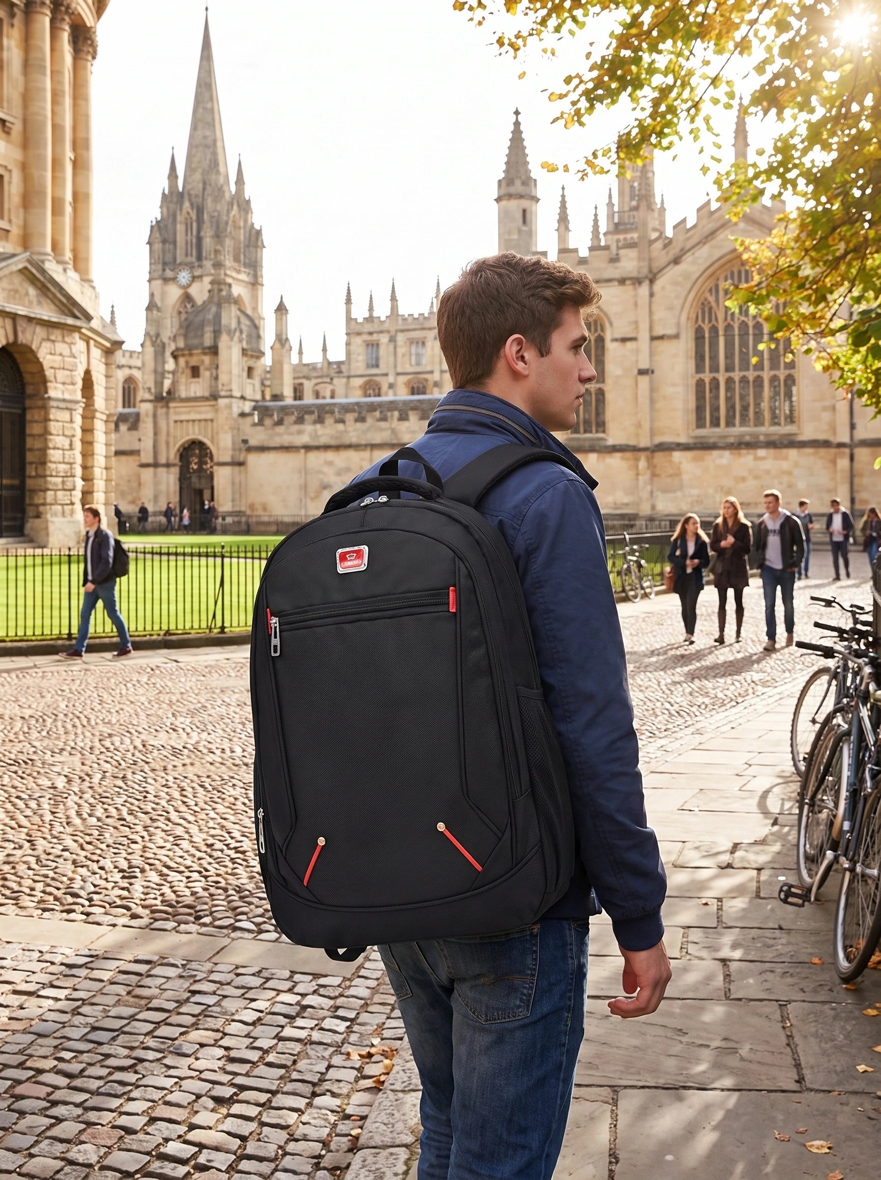 Close up of the Spacious Oxford University Backpack showing its durable fabric, precise stitching, and sleek design — view 3