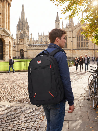 Close up of the Spacious Oxford University Backpack showing its durable fabric, precise stitching, and sleek design — view 3