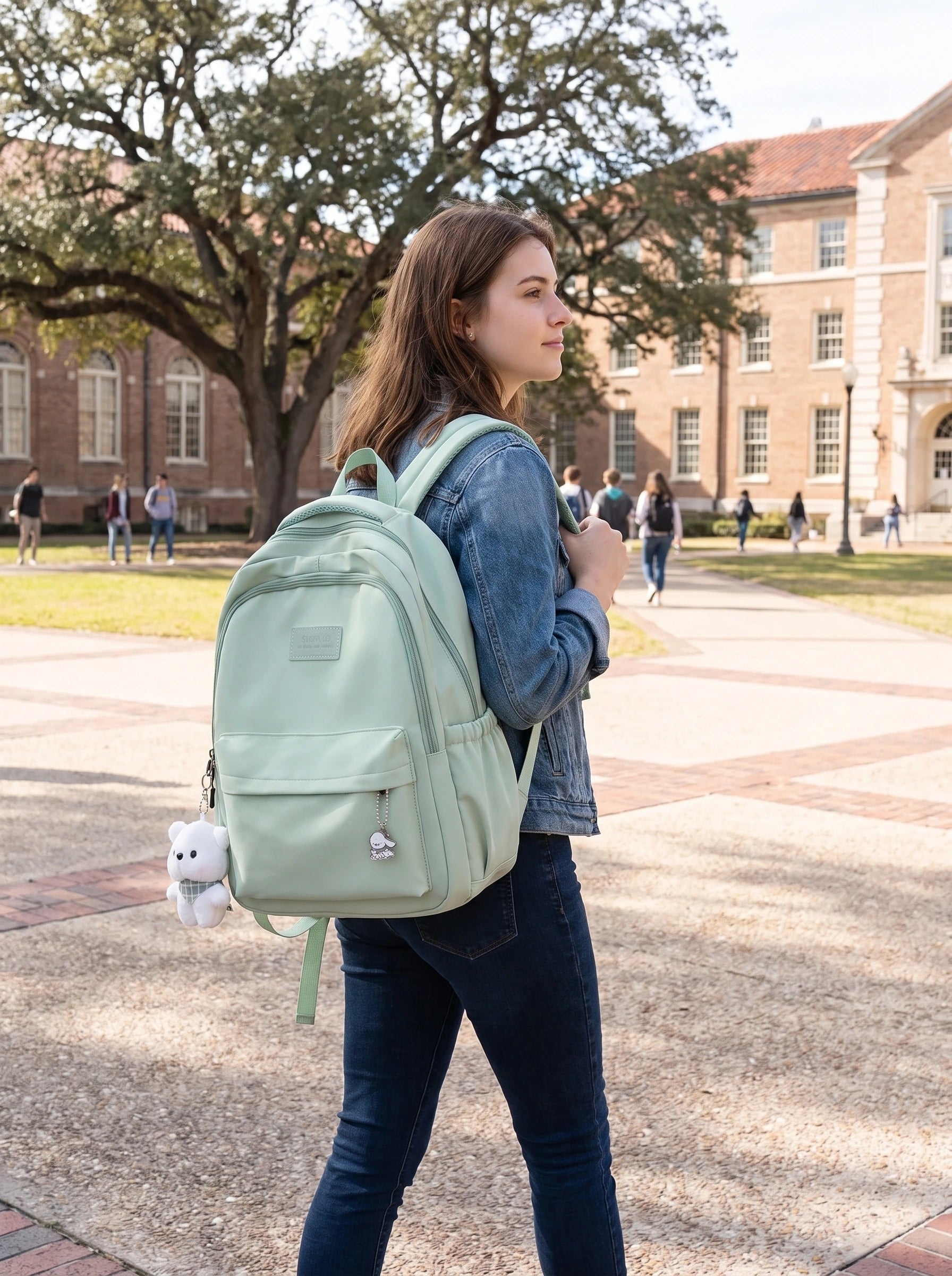 A model showcases the waterproof roomy university backpack in full front view, paired with casual attire against neutral