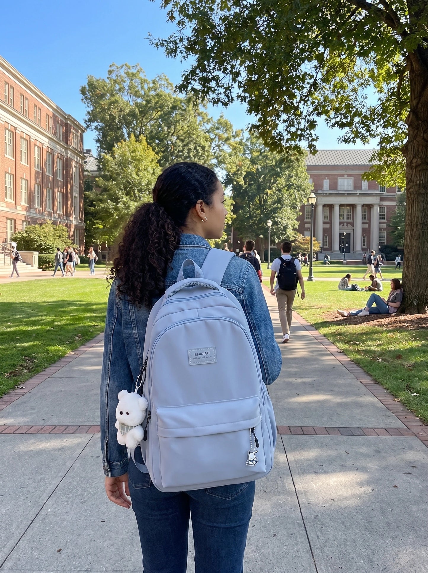 Back view of a waterproof roomy university backpack showing adjustable straps and durable construction, set against — view 2