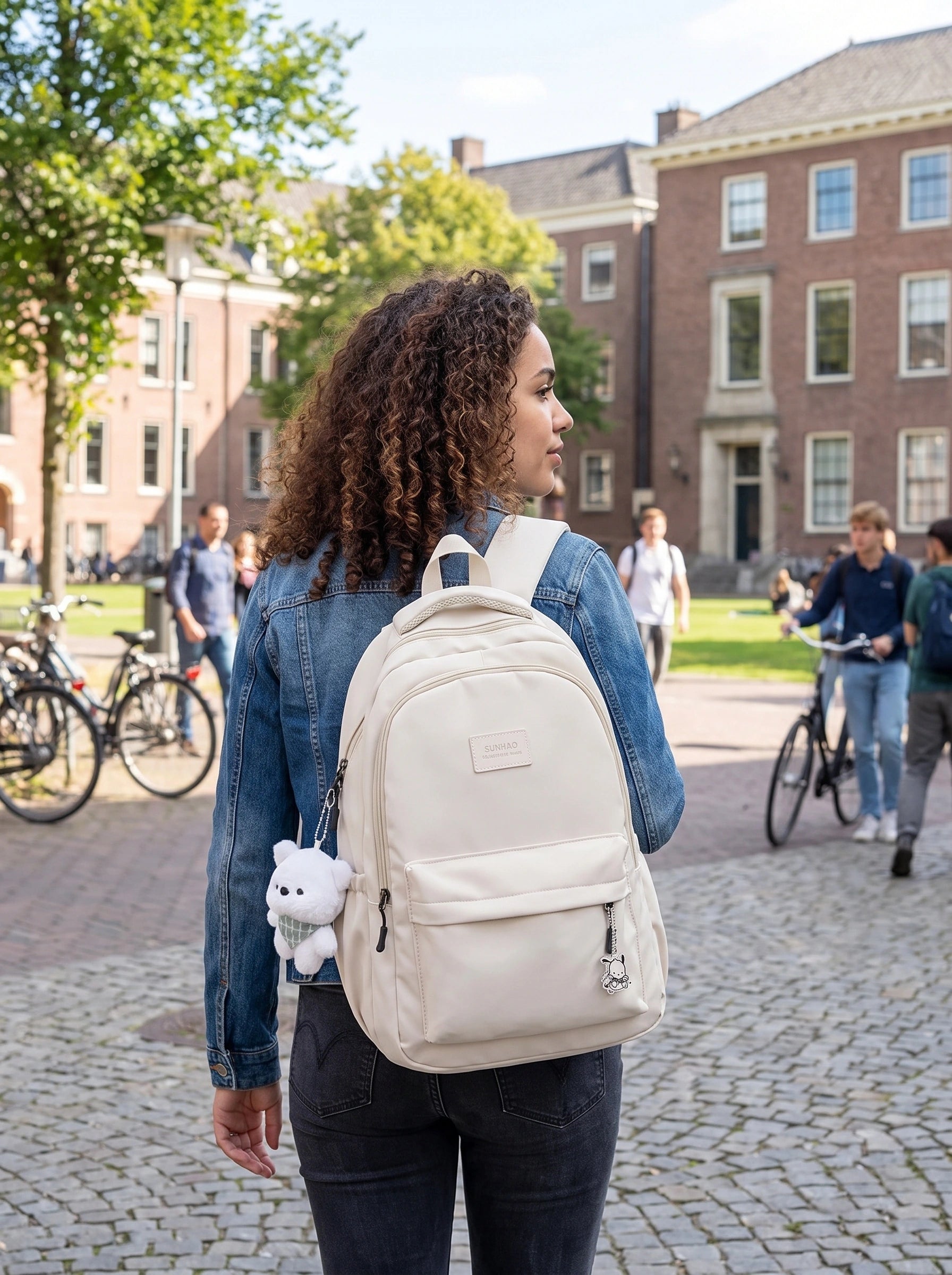 Close up view of the waterproof fabric and reinforced stitching roomy university backpack, showing its durability — view 4