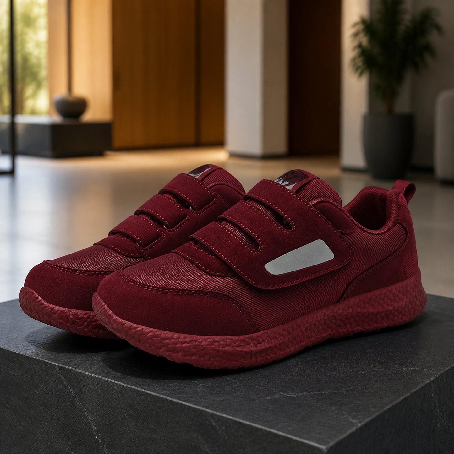 Burgundy unisex triple strap velcro shoes complete front view — view 4