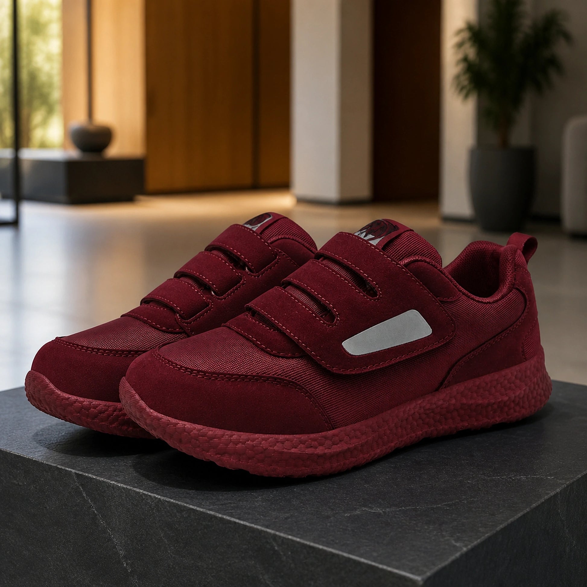 Burgundy unisex triple strap velcro shoes complete front view — view 4