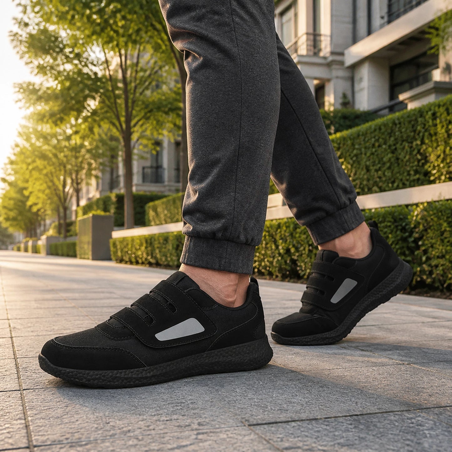 Man in his forties wearing black triple strap velcro shoes — view 5