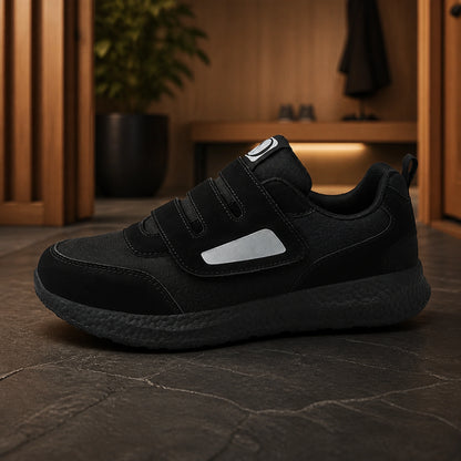 Black triple strap velcro shoes true side view — view 6