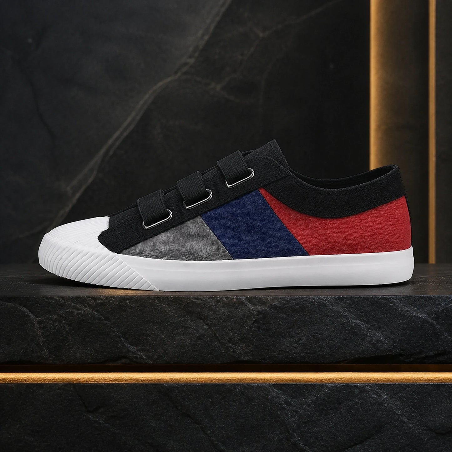 Black multicolor canvas velcro shoes true side view — view 10