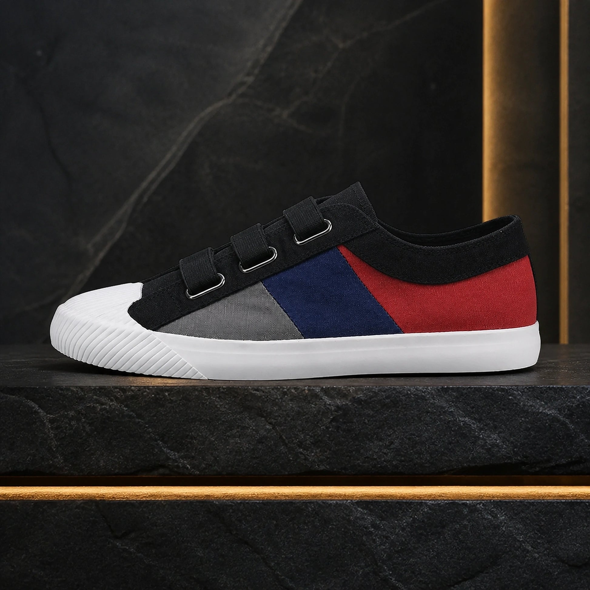 Black multicolor canvas velcro shoes true side view — view 10
