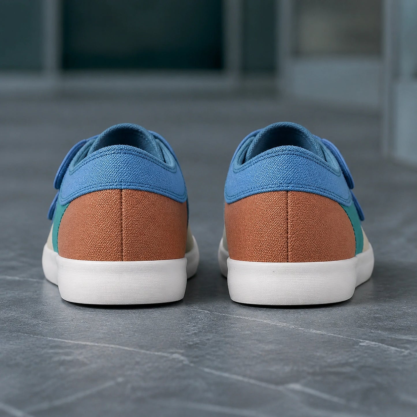 Blue teal canvas velcro shoes direct rear view — view 11