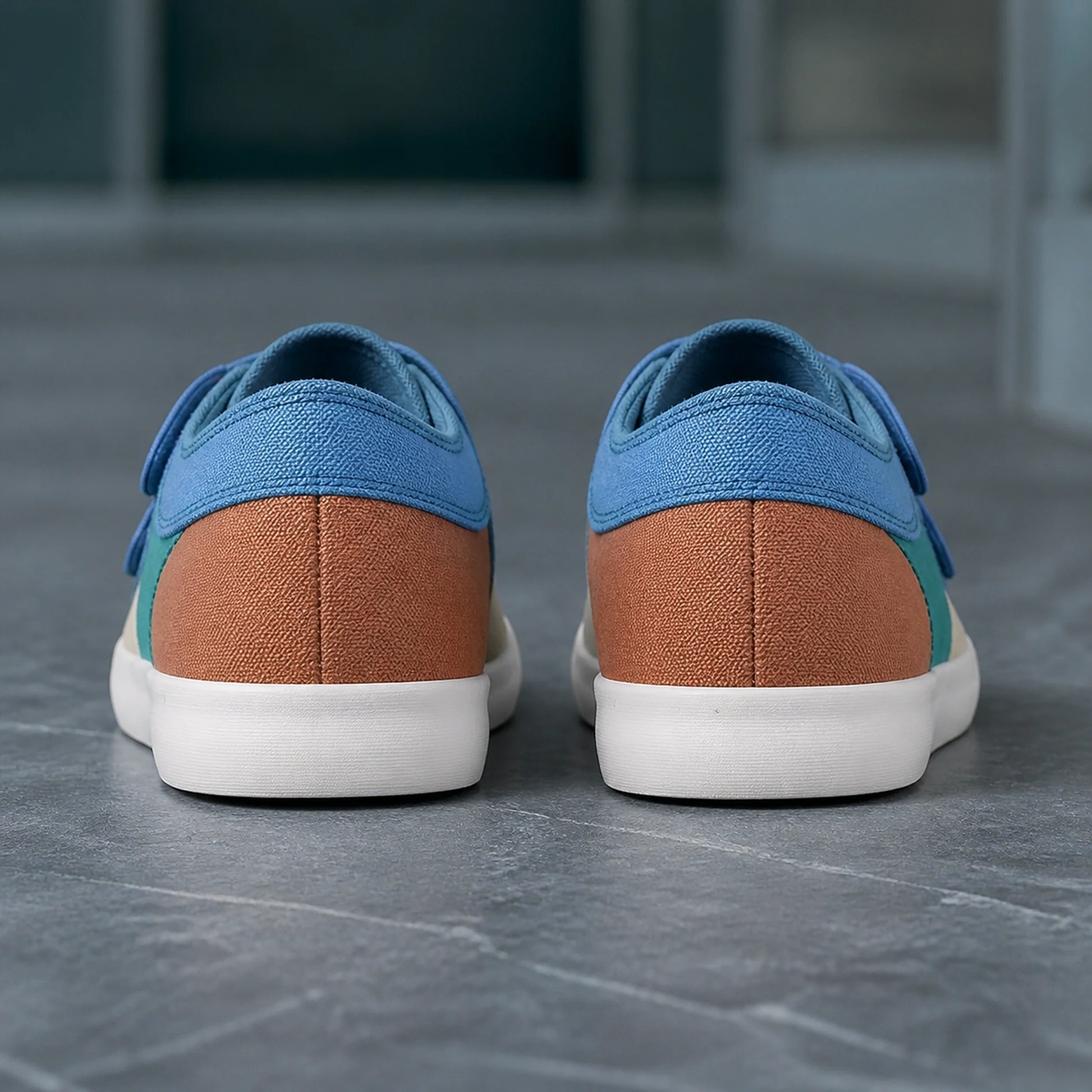 Blue teal canvas velcro shoes direct rear view — view 11
