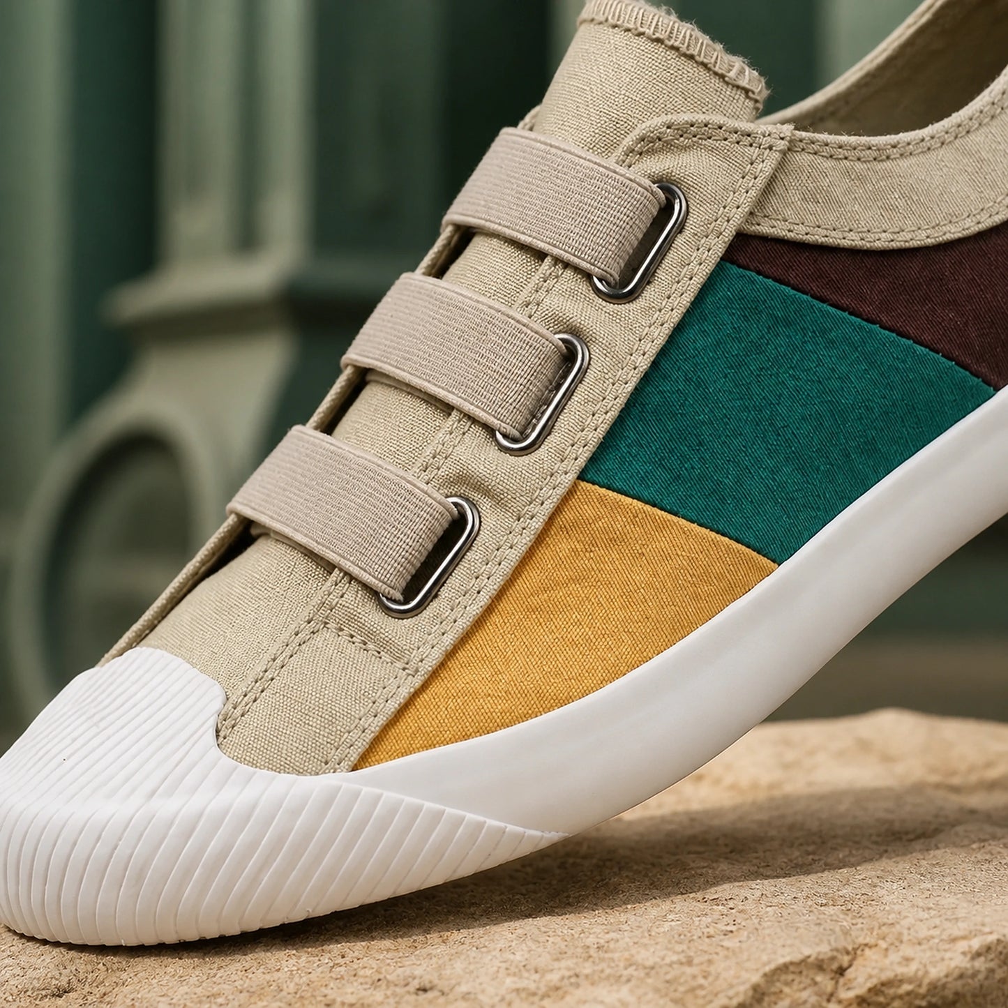 Khaki multicolor canvas velcro shoes strap and material detail — view 12