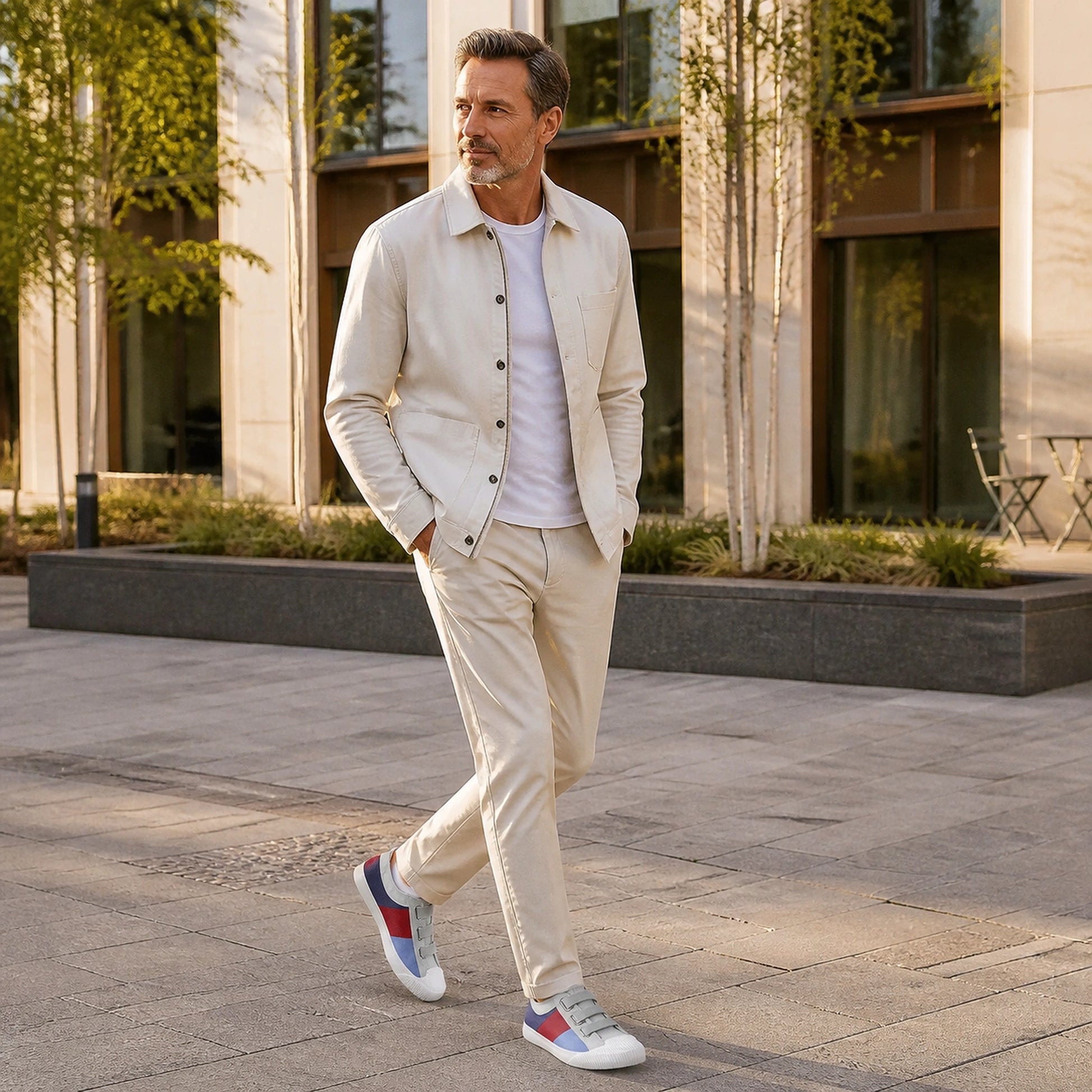 Man in his fifties wearing gray blue multicolor velcro shoes — view 13
