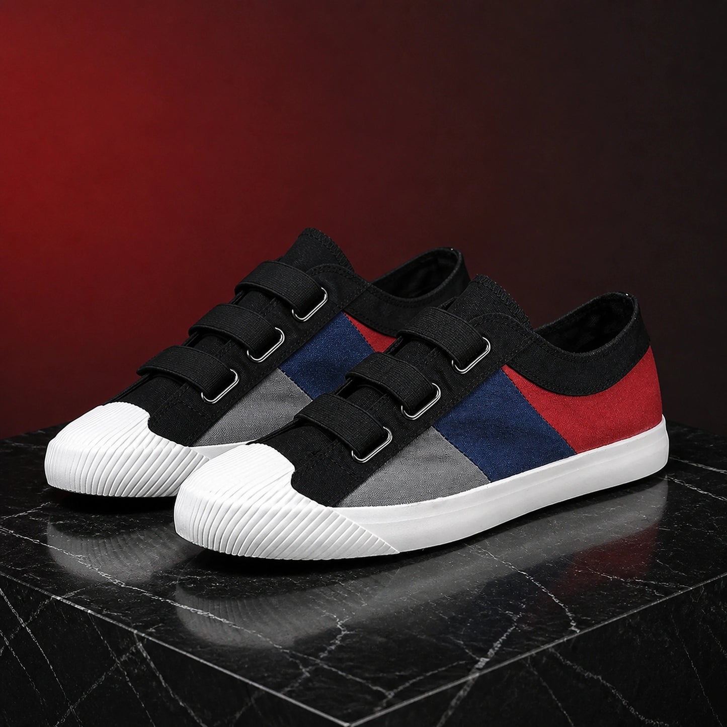 Black Multi White Sole men's canvas velcro shoes complete front view — view 4