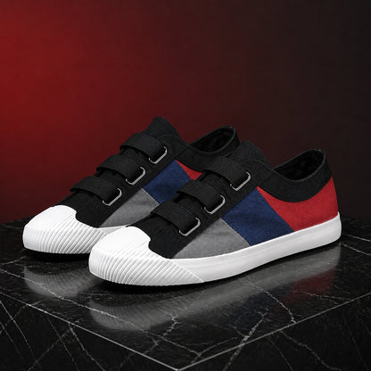 Black Multi White Sole men's canvas velcro shoes complete front view — view 4