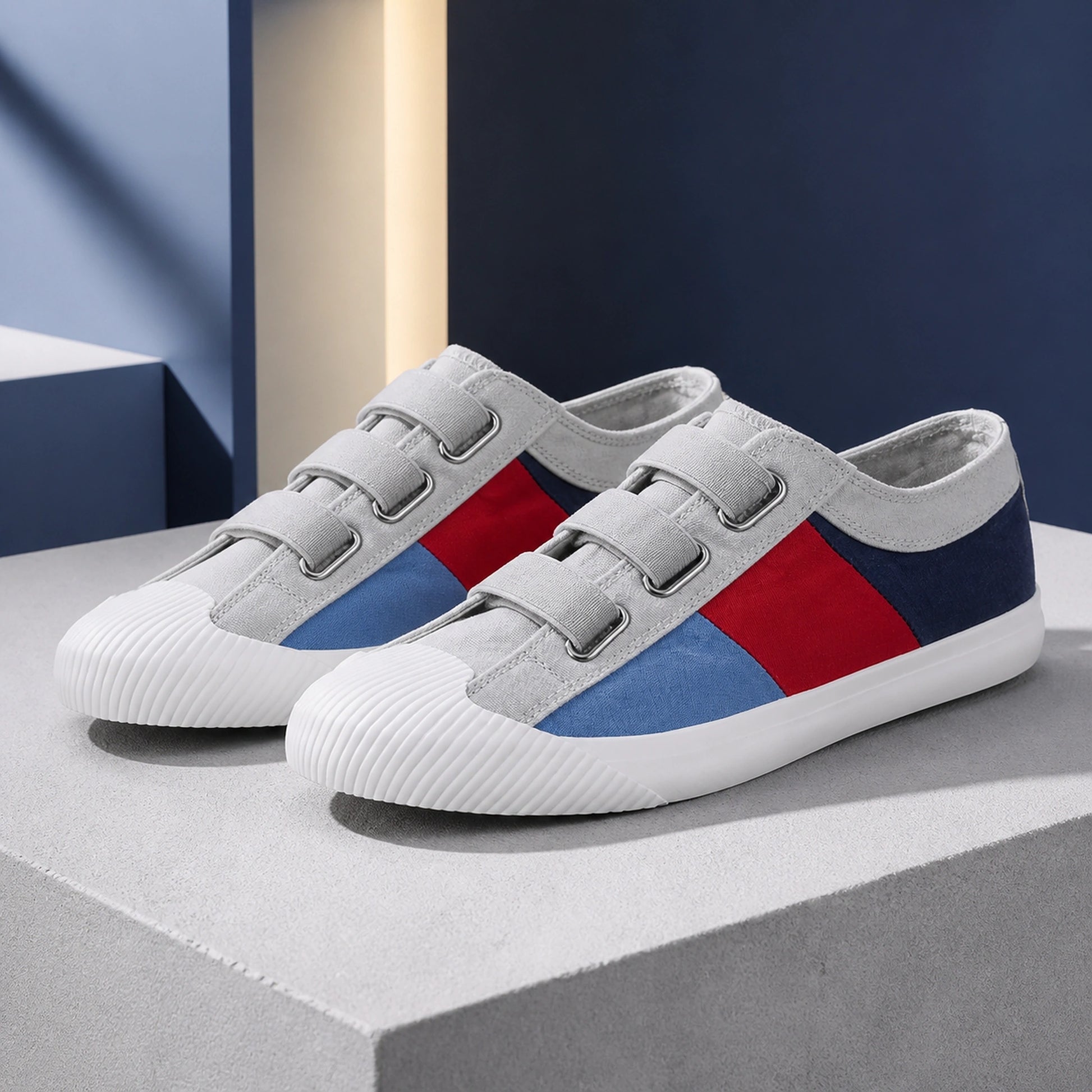 Gray Blue Multi men's canvas velcro shoes complete front view — view 5
