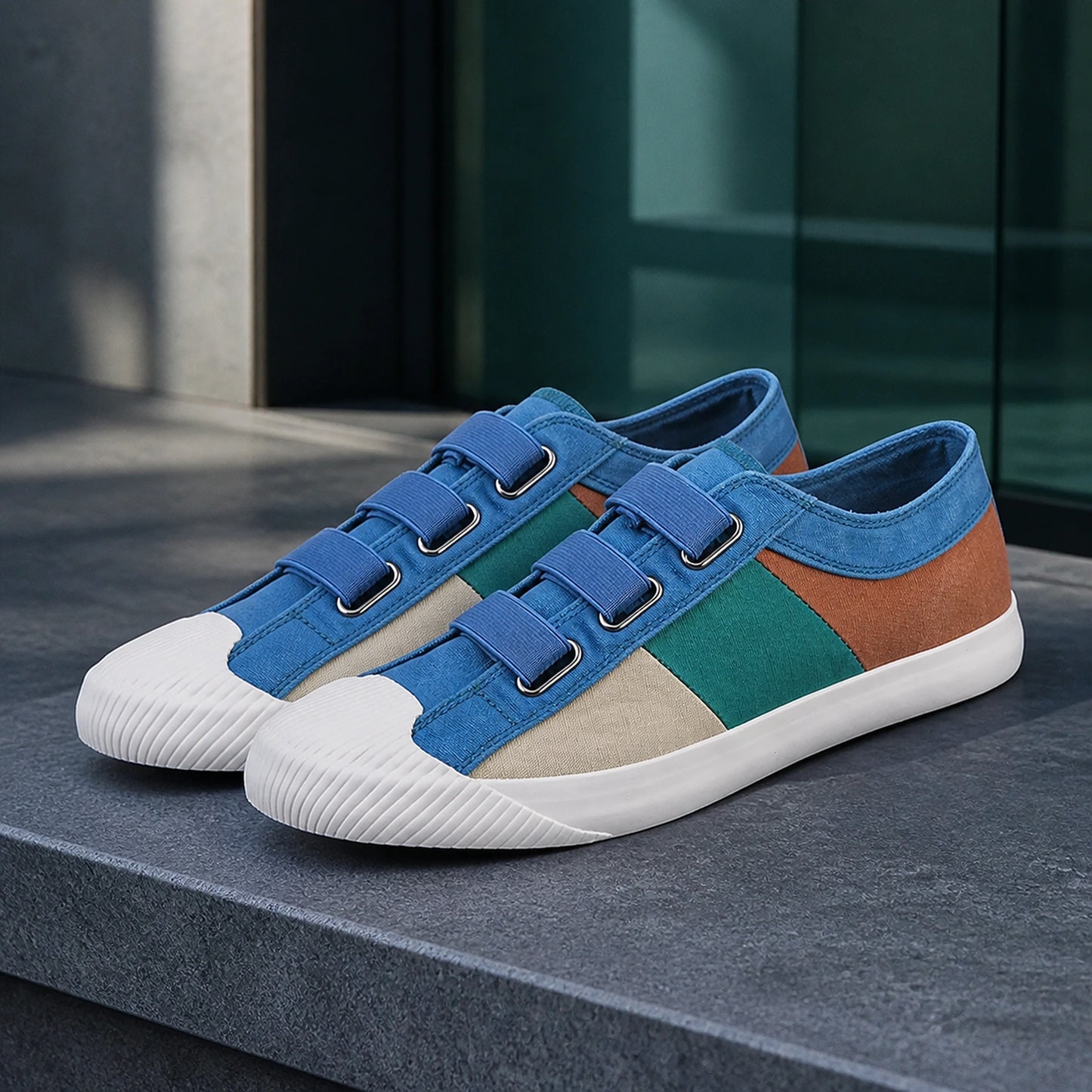Blue Teal Multi men's canvas velcro shoes complete front view — view 6