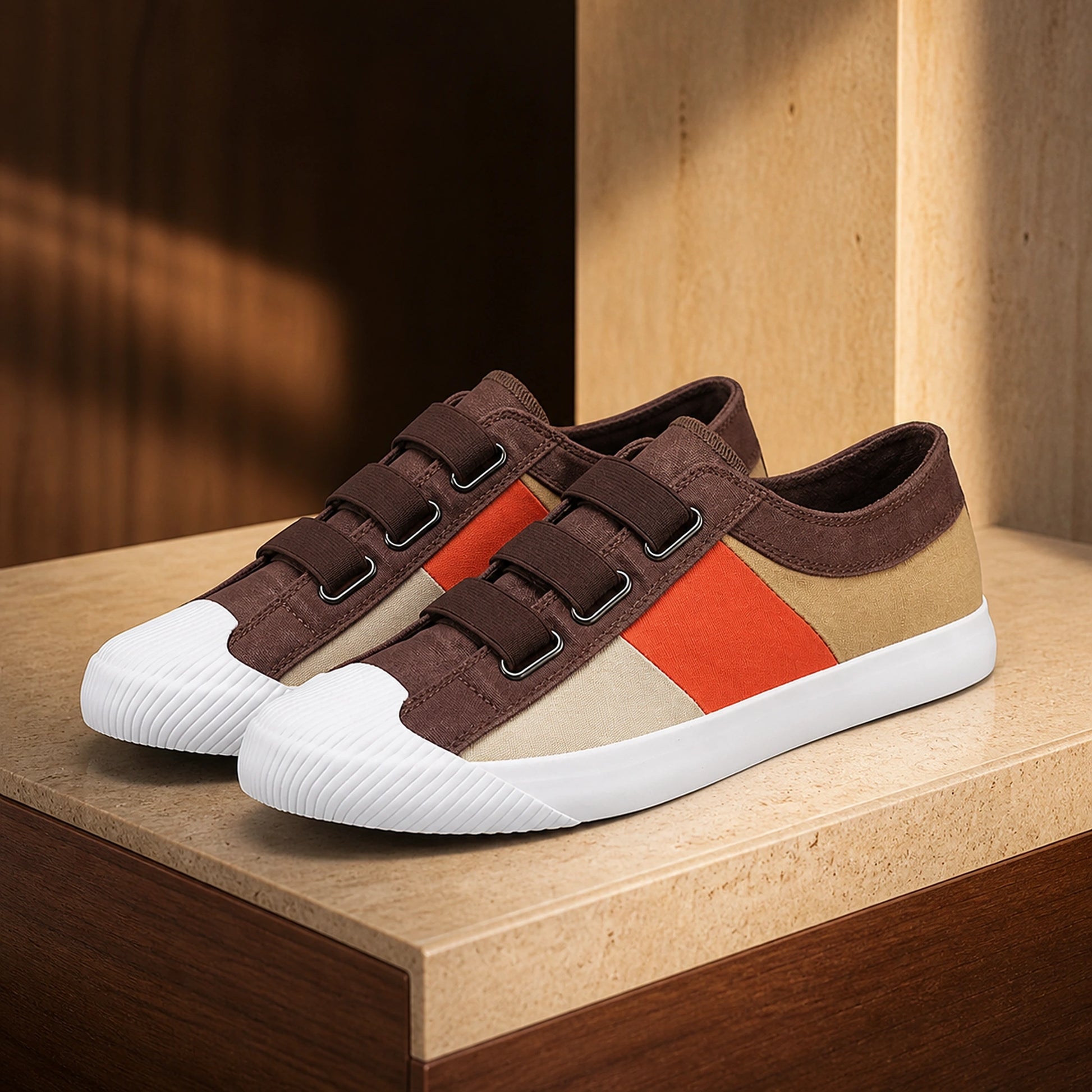 Coffee Beige Multi men's canvas velcro shoes complete front view — view 7