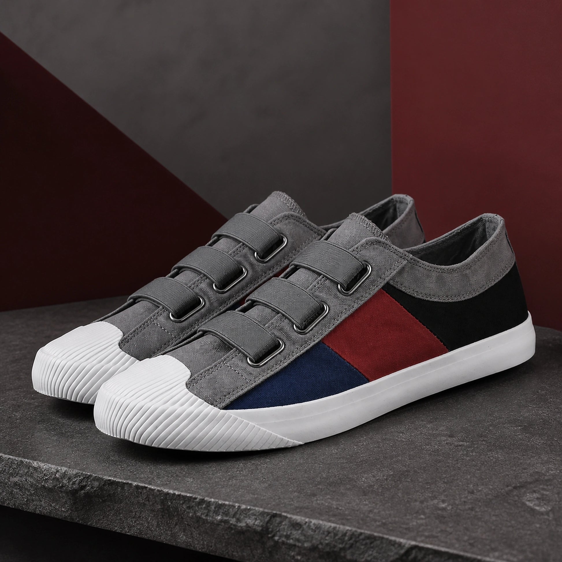 Charcoal Multi men's canvas velcro shoes complete front view — view 8